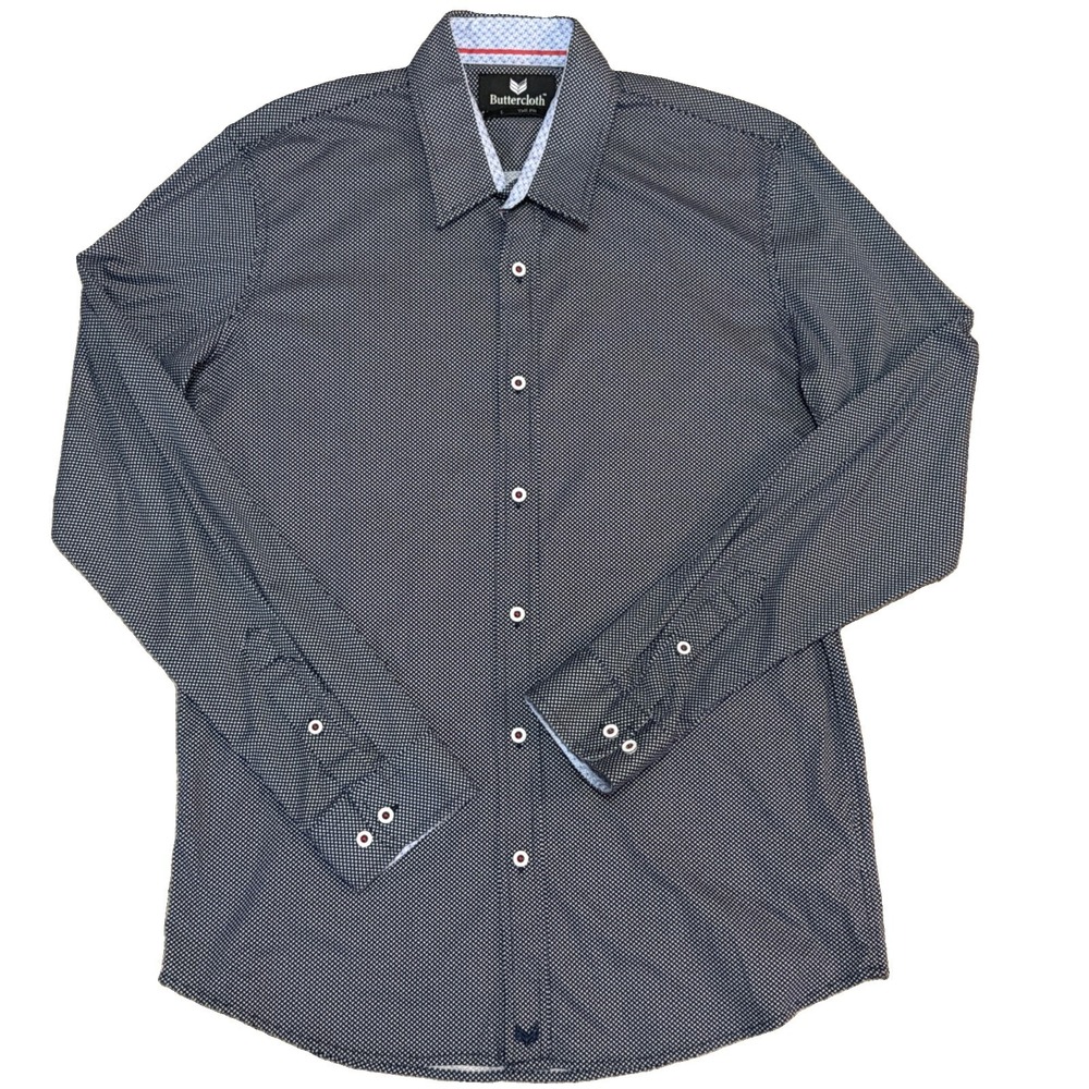 Buttercloth Dress Shirt Mens Large Tall Fit Navy White Long Sleeve Geometric